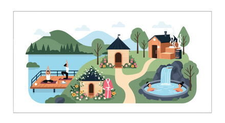 Peaceful retreat illustration showcasing yoga sessions, sauna relaxation, and thermal bath serenity amid nature’s embrace
