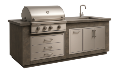 Weather-resistant outdoor kitchen island, perfect for backyard dining.