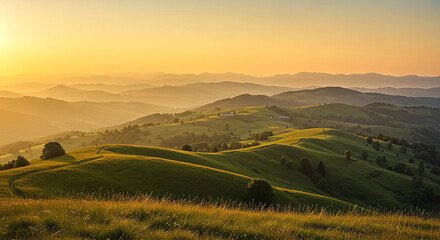 Golden hour paints a serene landscape of rolling hills and distant mountains, creating a peaceful and inviting vista at the end of the day.