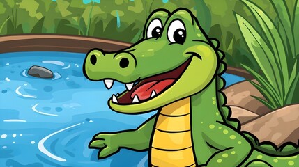 Happy Alligator Standing Near Water