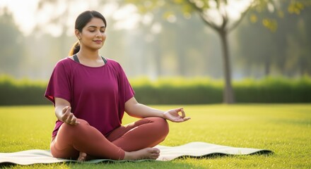 Peaceful Young Woman Meditates on Yoga Mat in Serene Park