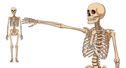 Anatomical study featuring two skeletons in contrasting perspectives against a stark white backdrop highlighting skeletal structures and educational