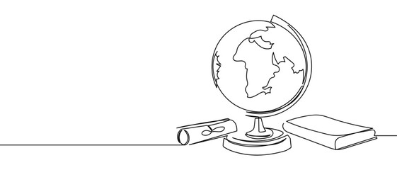 Globe and map scroll, continuous hand drawn doodle line art vector, editable stroke.