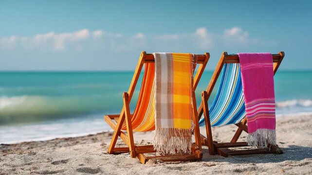 Seaside Serenity: Two inviting deck chairs, adorned with vibrant beach towels, offer a perfect escape on a pristine sandy beach, framed by the calming expanse of the ocean.
