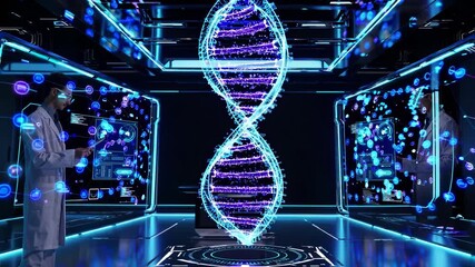 DNA helix rotates in hologram lab. Futuristic digital lab scientists on both sides of glowing genetic interface. DNA, technology, data visualization in futuristic research. DNA, scientist, lab repeat - Powered by Adobe