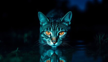 an intense and creepy close-up portrait of a cat with bright orange eyes