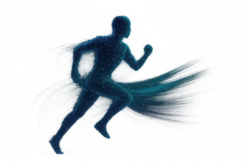 Digital human running, creating speed trails, representing technology, energy, and performance on transparent background