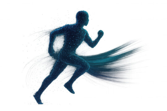 Digital human running, creating speed trails, representing technology, energy, and performance on transparent background
