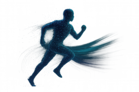 Digital human running, creating speed trails, representing technology, energy, and performance on transparent background
