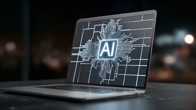 AI on the Rise: A sleek laptop showcases the power and potential of artificial intelligence. The glowing AI logo illuminates the dark room, highlighting the technology's prominence.
