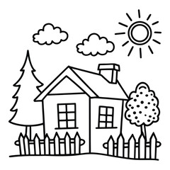 Charming colorful line art illustration of a happy house with a vibrant garden perfect for children s projects and designs
