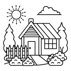 Charming colorful line art illustration of a happy house with a vibrant garden perfect for children s projects and designs
