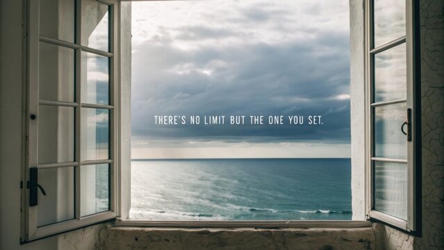 Window View Displaying the Vast Ocean and an Inspirational Quote