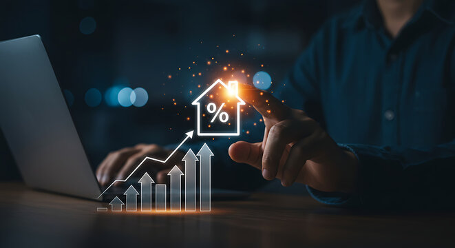 Real estate investment concept. Man touch virtual house icon for analyzing mortgage loan home and insurance real property mortgage. interest rate, Investment planning, business real estate