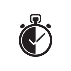 A minimalist graphic of a stopwatch with half of the face dark and half of the face light on white