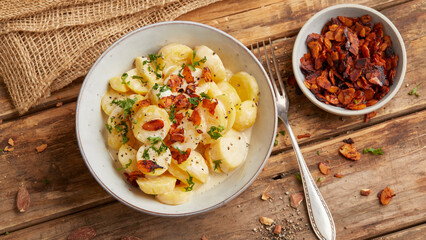 Potato salad with vegan almond bacon