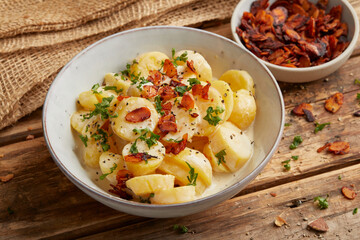 Potato salad with vegan almond bacon