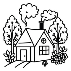 Charming colorful line art illustration of a child s drawing of a house with a vibrant garden perfect for creative projects