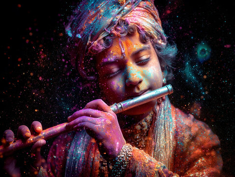 Ecstatic Krishna Playing Flute in the Dark with Holi Splatters