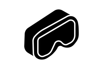 The image depicts a black and white flat design icon of virtual reality (VR) goggles
