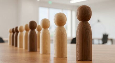 Wooden figures of people stand in a row on a table in a room.