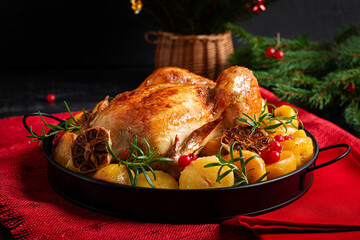 Baked chicken or turkey. Table setting. Roasted chicken with potatoes and Christmas decoration. Tasty food