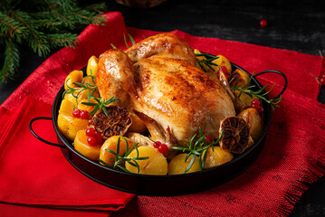 Baked chicken or turkey. Table setting. Roasted chicken with potatoes and Christmas decoration. Tasty food