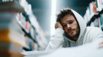 Student studying in a library feeling overwhelmed by assignments at night