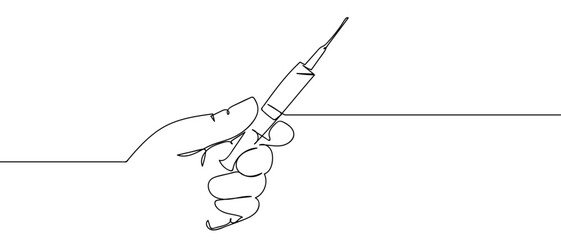 Doctor's hand holding a syringe. Continuous hand drawn doodle line art vector illustration. Editable stroke.