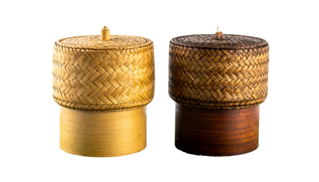  Two stacked Thai kratib bamboo rice boxes with lid details isolated on transparent background