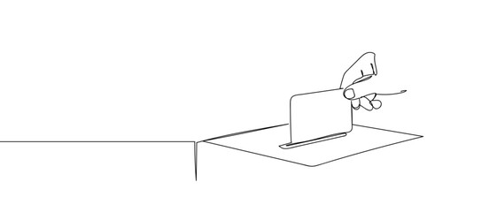 Hand dropping card into box, continuous hand drawn doodle line art vector illustration, stroke editable.