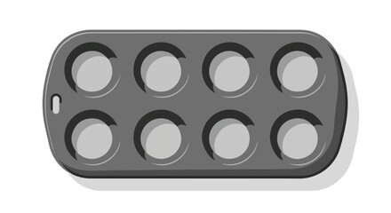 Illustration of a gray metal muffin tray with eight circular compartments designed for baking culinary creations