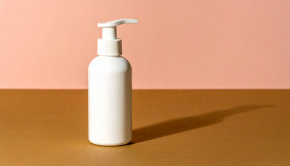 Minimalist white plastic pump bottle for cosmetic or hygiene products with a clean design, casting a crisp shadow on a two-tone pink and brown background, ideal for branding mockups