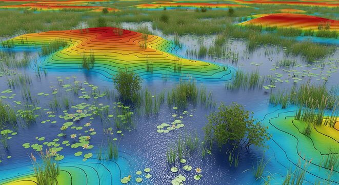 Colorful Topographic Map of a Wetland with Plants and Water