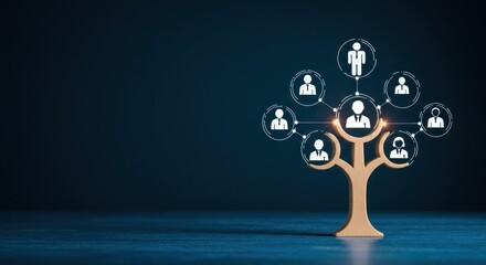 Tree with human icons representing organization or network on dark blue background.