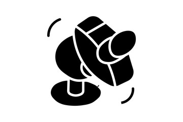 The image shows a black and white icon of a satellite dish or radar antenna. The dish is tilted upward, symbolizing communication, broadcasting, or signal transmission.