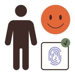 Human figure, happy face, biometric fingerprint with checkmark. Ideal for security, user identification, approval, access management, satisfaction technology trust. Simple flat metaphor