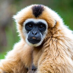 Close-up portrait of a primate with light fur and dark face, facing viewer