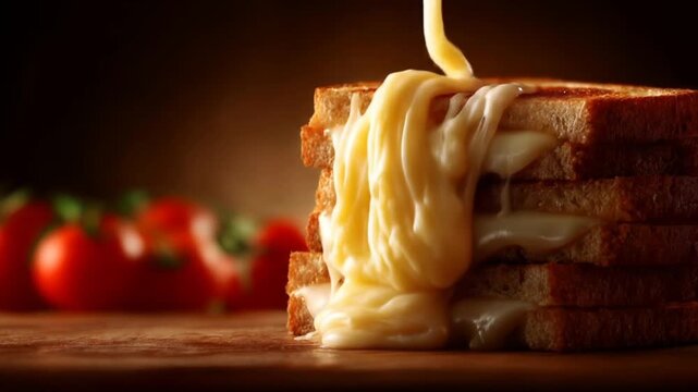 Melted cheese on toasted bread, a close-up view of a culinary delight.