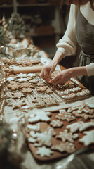 Person decorating gingerbread cookies. Festive baking during winter holiday season, creating homemade treats.