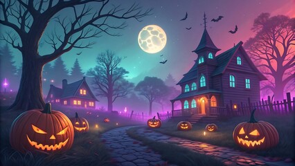 Fototapeta premium Festive and Eerie Halloween Village Scene with Full Moon and Colorful Lighting 4K Wallpaper 