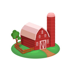 Red Barn with Silo and Tree on a Green Meadow Cartoon Illustration Vector
