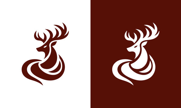 Stylized abstract deer silhouette with majestic antlers on white and dark red backgrounds