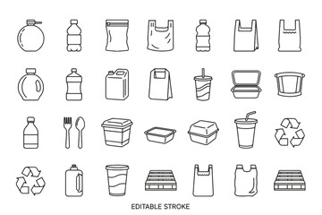 Plastic products and packaging line icon set. Thin line vector symbols for single-use items, waste, pollution, and recycling. Includes bottle, bag, container. Editable stroke.