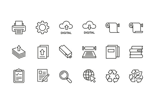 Printing line icon set. Digital and offset print shop service. Vector pictograms for typography, printer, paper, document, file. Web upload, download, recycling, eco friendly concept.