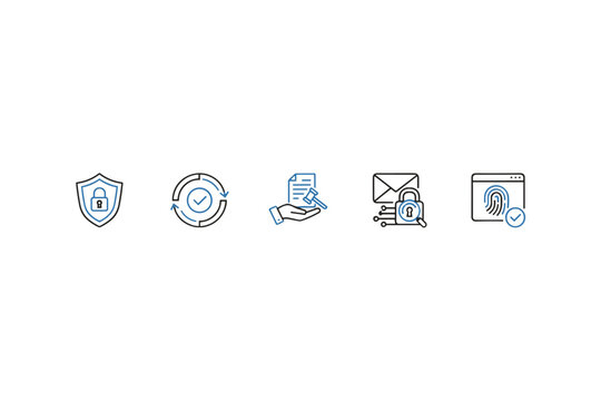 Cybersecurity and data privacy vector icon set. Thin line symbols for policy, compliance, GDPR, and regulations. Secure authentication, legal agreement, and protection icons.