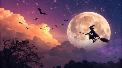 Vibrant Halloween night illustration featuring a witch flying on a broom across a giant glowing moon surrounded by purple and orange clouds, shining stars, and flying bats in a magical cinematic 4K sk