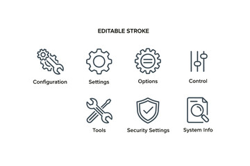 Settings and setup editable stroke line icon set. Vector configuration, options, control, and tools. UI UX interface icons for app and website with security and system info.
