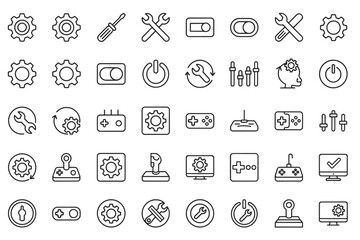 Settings and options line icon set for user interface. Vector collection of gear, tools, and control elements. Game controller, power button, and configuration symbols.