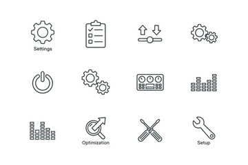 Settings and options line icon set. Vector collection of configuration, setup, and optimization symbols. Includes gear, control panel, tools, and UI elements for web and apps.